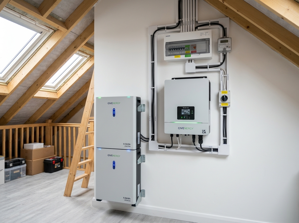 High efficiency hybrid solar inverter and smart battery storage system installed in London loft space