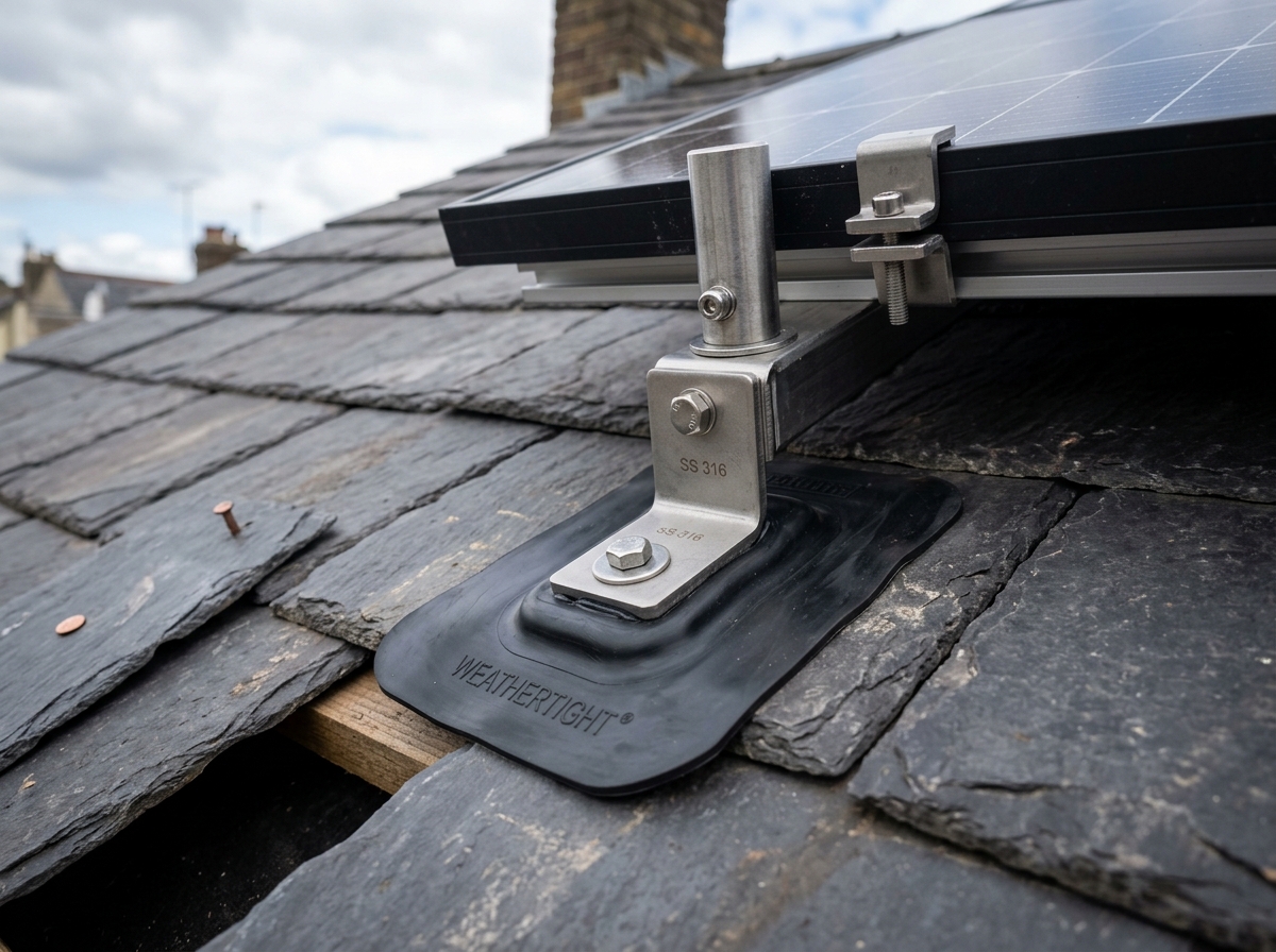 Custom stainless steel solar mounting bracket installed with weatherproof flashing on slate roof tiles in Essex